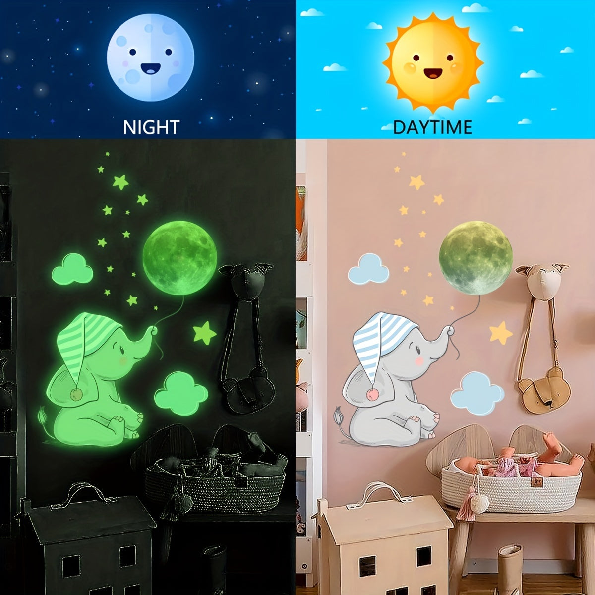 18pcs Luminous Elephant Moon Star Children's Room Fluorescent Decoration