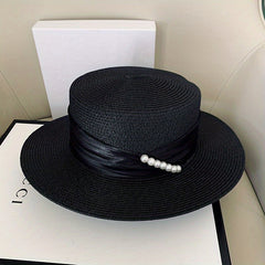 French Style Sun Hats Faux Pearl Strap Decor Flat Top Jazz Straw Hat
