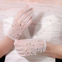 Short Lace Gloves with Pearl Embellishments for Weddings