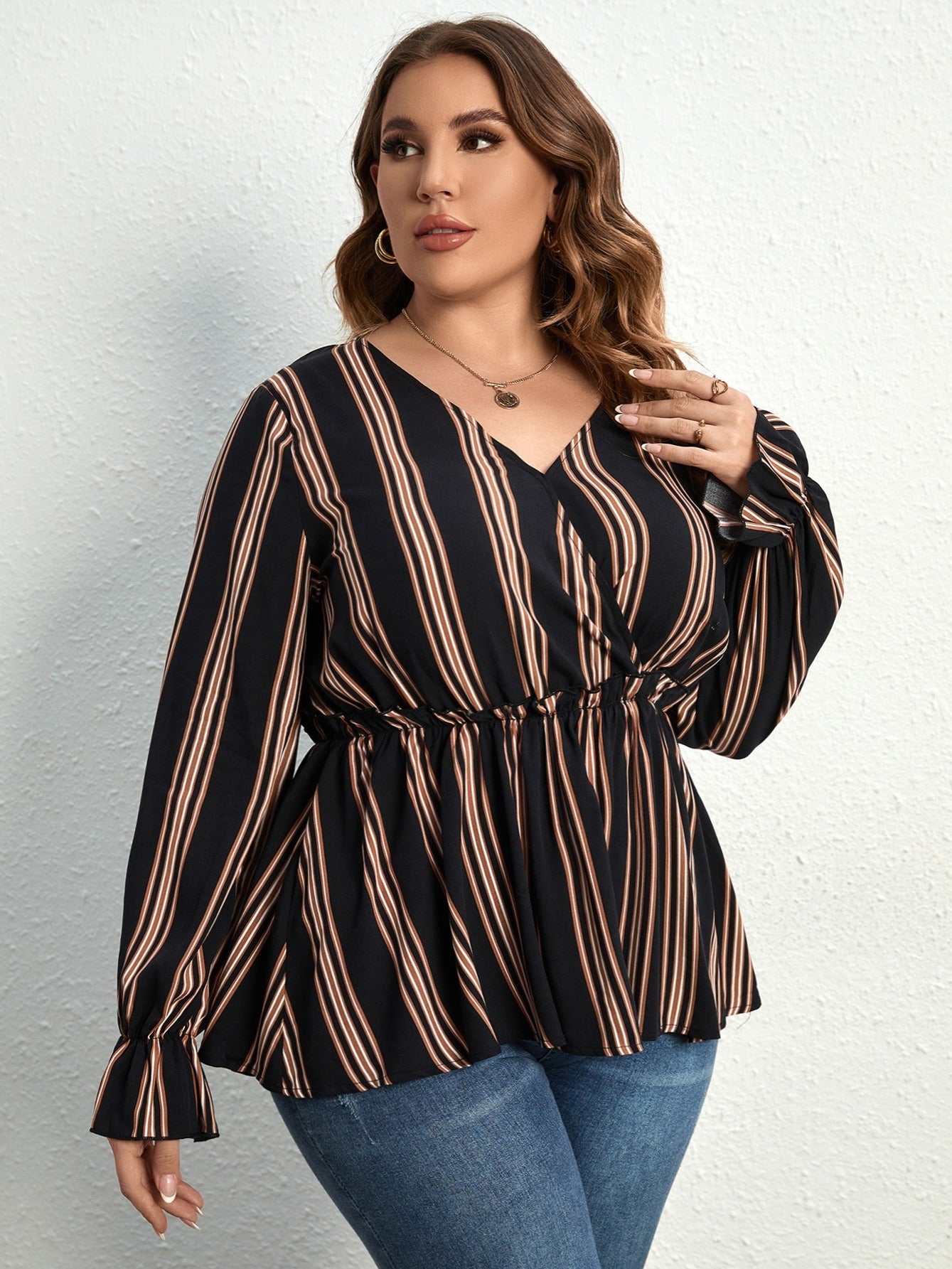  Striped V Neck Long Sleeve Blouse with Flounce Sleeve