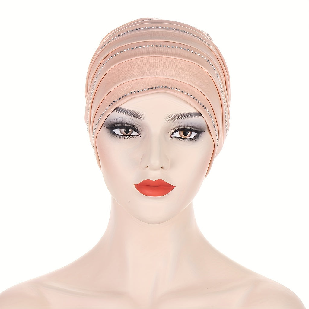 Pleated Satin Turban Cap Rhinestone Decor Head Wraps Elastic Hijab Hats