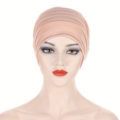 Pleated Satin Turban Cap Rhinestone Decor Head Wraps Elastic Hijab Hats