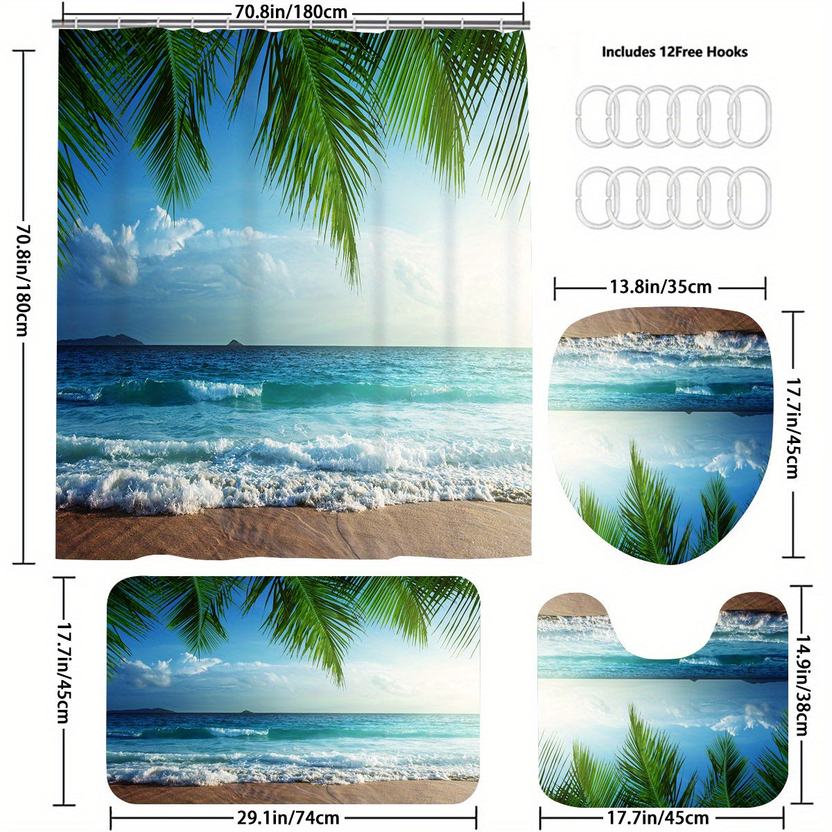 4pcs Seaside Shower Curtain Set Waterproof Bathroom Decor