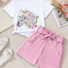 Girls Floral Animal Graphic Tee Shorts Set