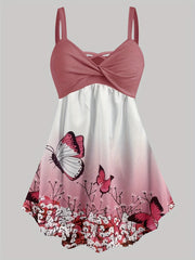 Butterfly Print Sleeveless Cami Top Criss Cross V Neck Cami Top