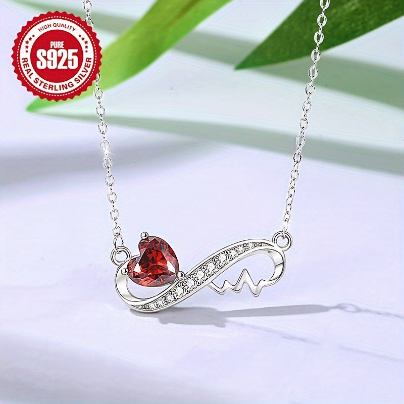 Infinity Love Heart Pendant Necklace with Red Zirconia 925 Sterling Silver