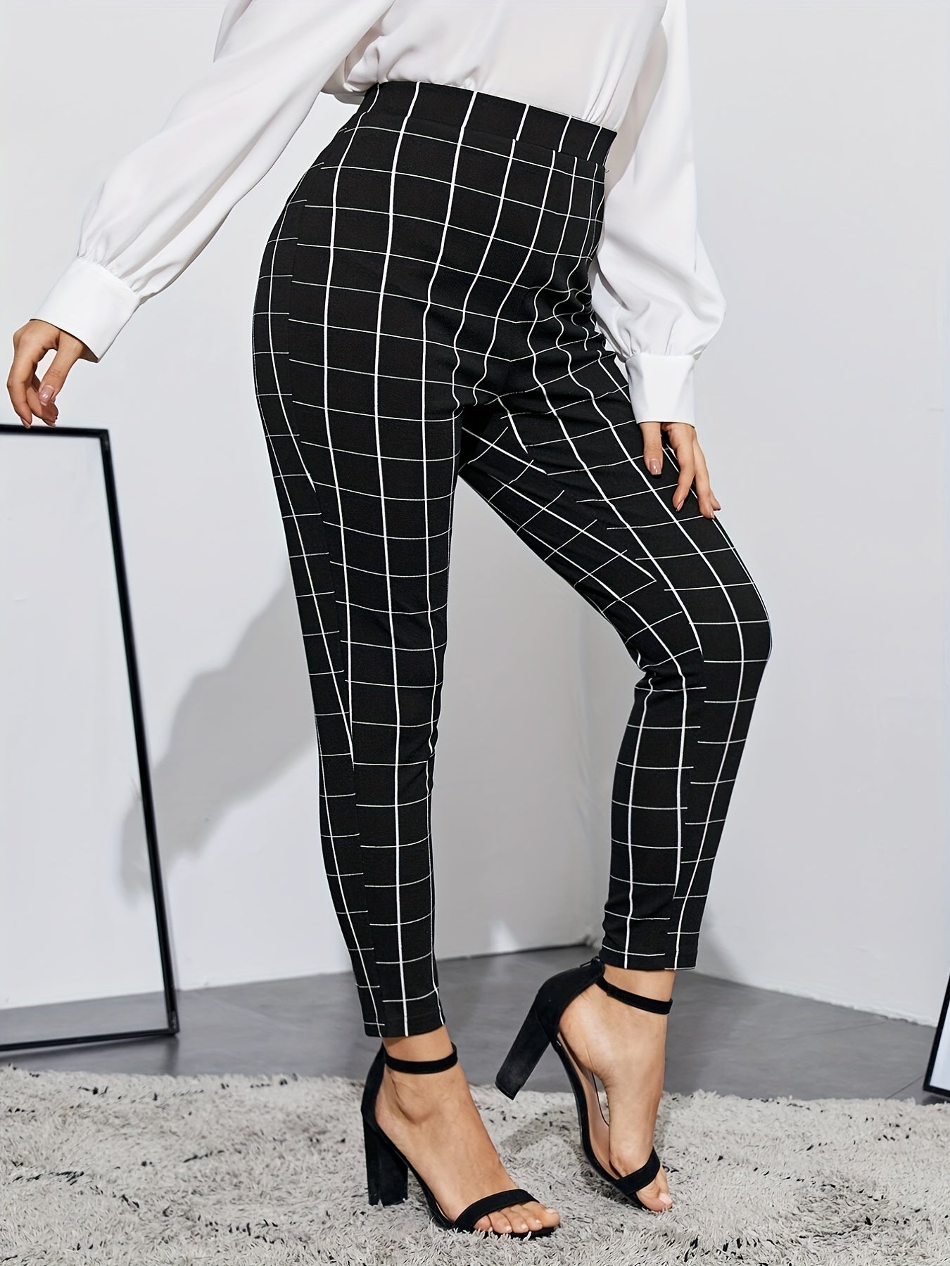  Grid Print High Rise Stretch Skinny Trousers