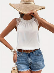 Lace Contrast Sleeveless Crew Neck Top