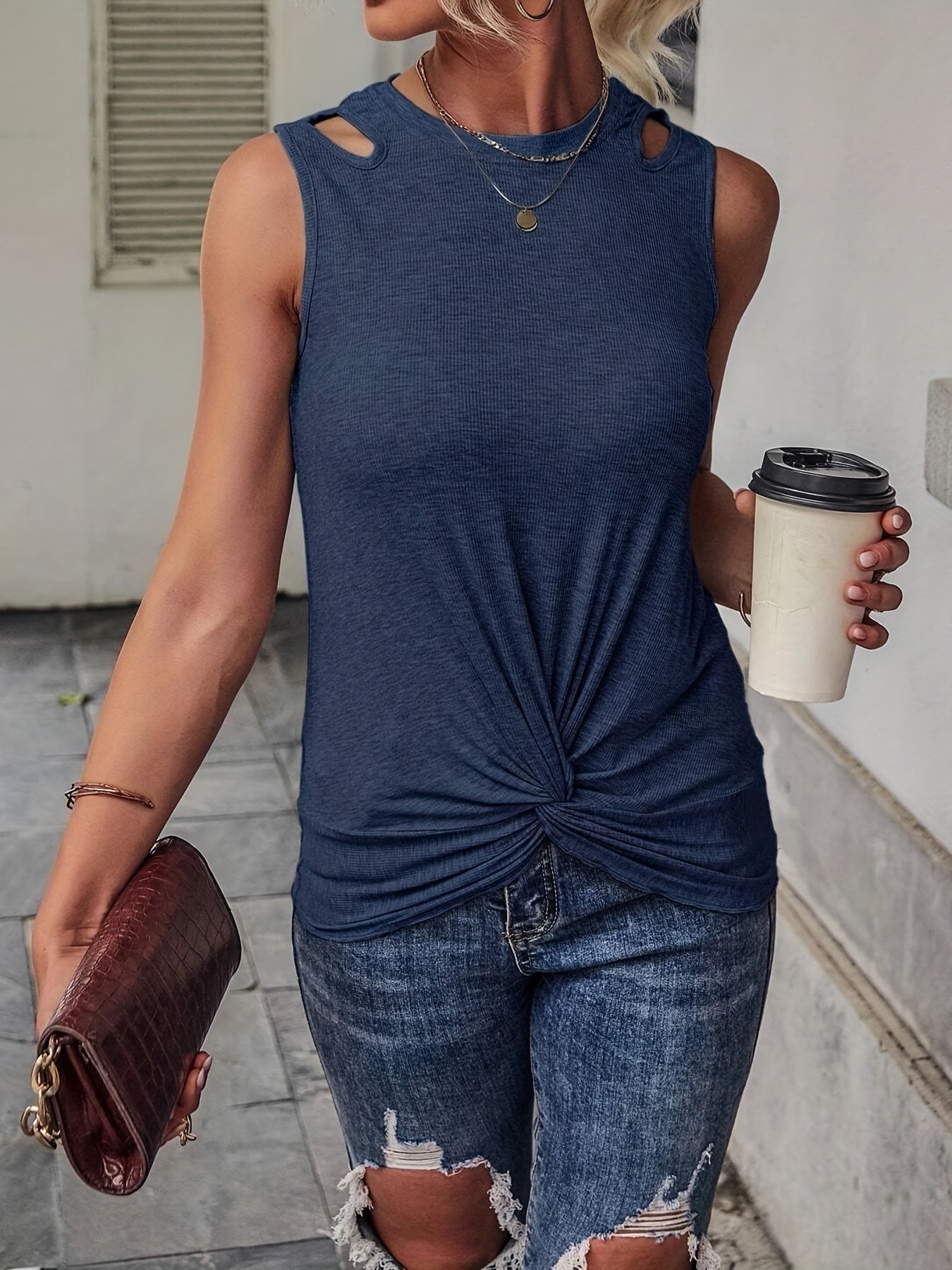 Knot Front Cut Out Tank Top Sleeveless Casual Solid Tank Top