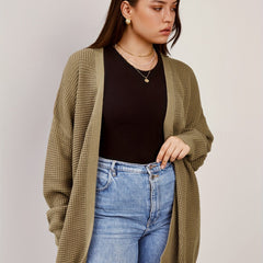  Casual Cardigan Women's Plus Plain Waffle Pattern Long Sleeve