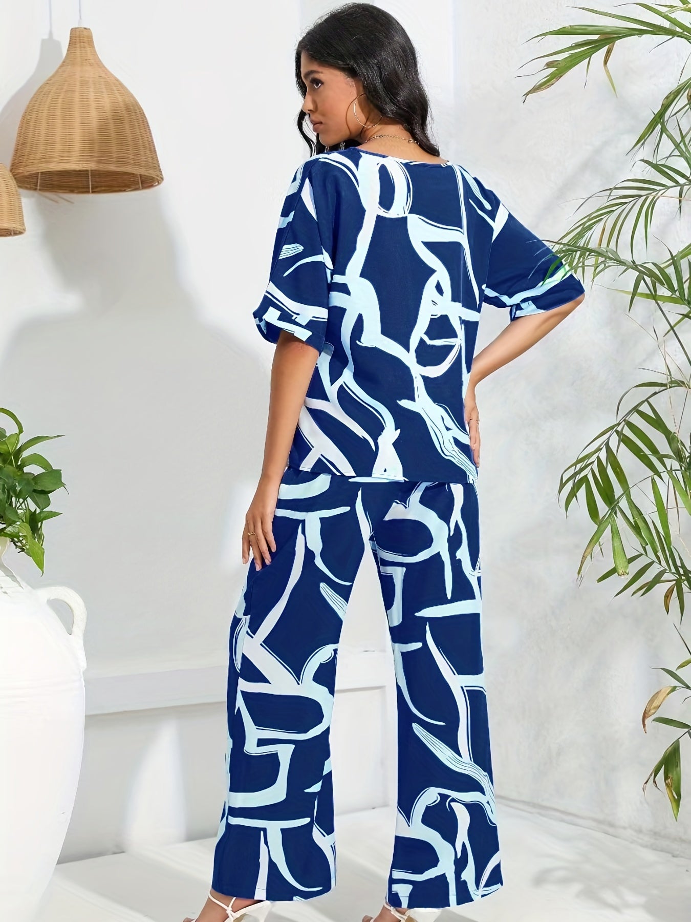 Abstract Print 2pc Set V Neck Half Sleeve Tops & Wide Leg Pants