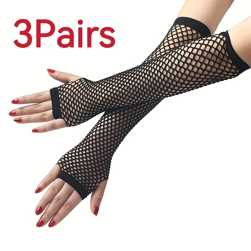 3 Pairs Fishnet Gloves Half Finger Medium Long for Cocktail & Stage Performances