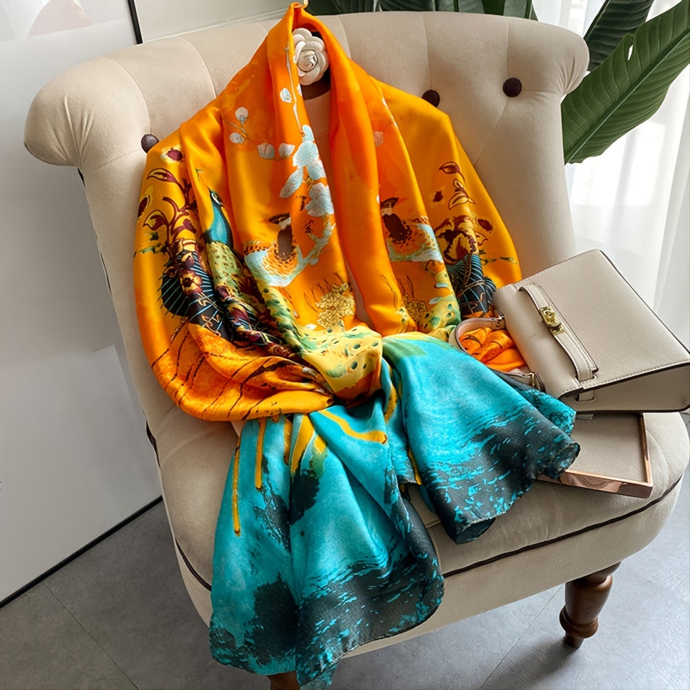 Peacock Floral Silk Satin Large Scarf