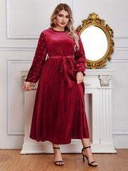  Velvet Maxi Dress with Lantern Sleeves and Belt