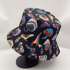 Y2K Mushroom Print Reversible Bucket Hat Hip Hop Sunshade Cap