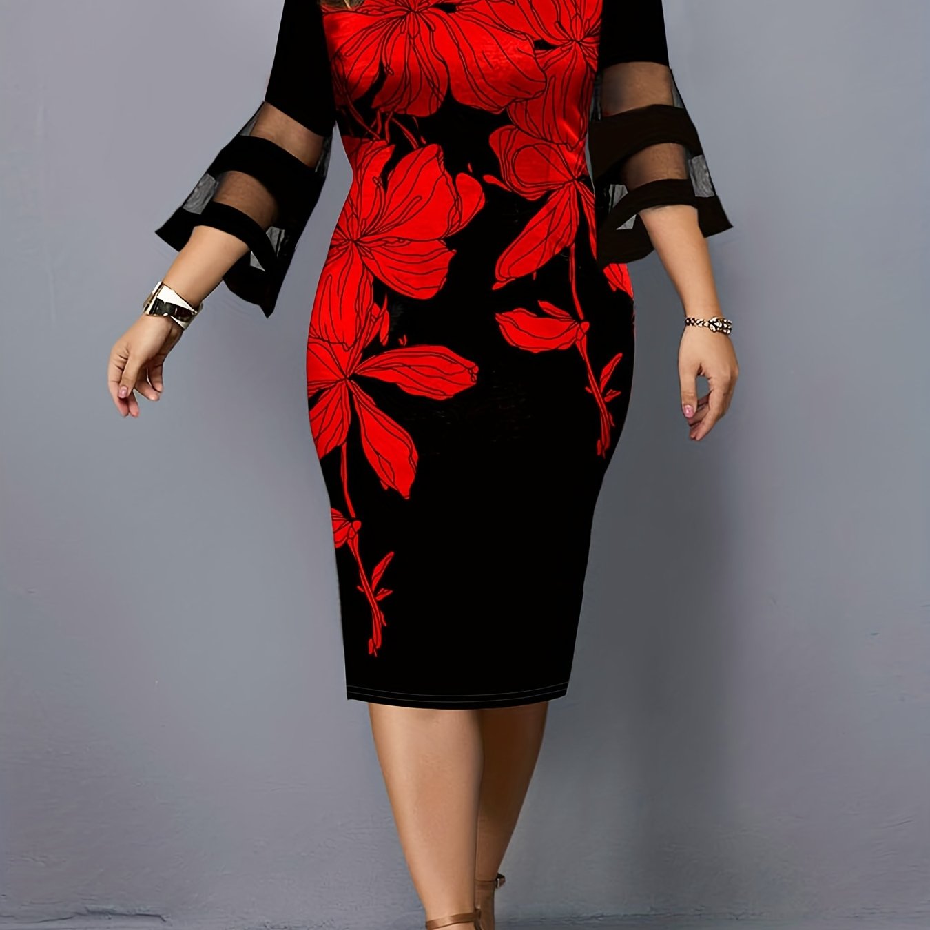 Women's Plus Floral Print Mesh Bell Sleeve Dress