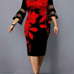Women's Plus Floral Print Mesh Bell Sleeve Dress