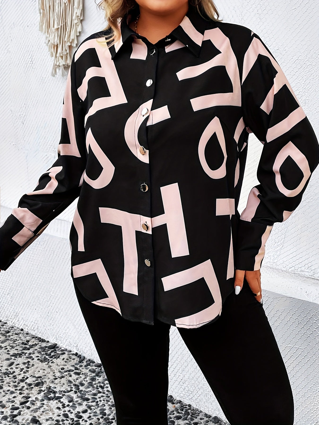  Women's Letter Print Button Up Blouse