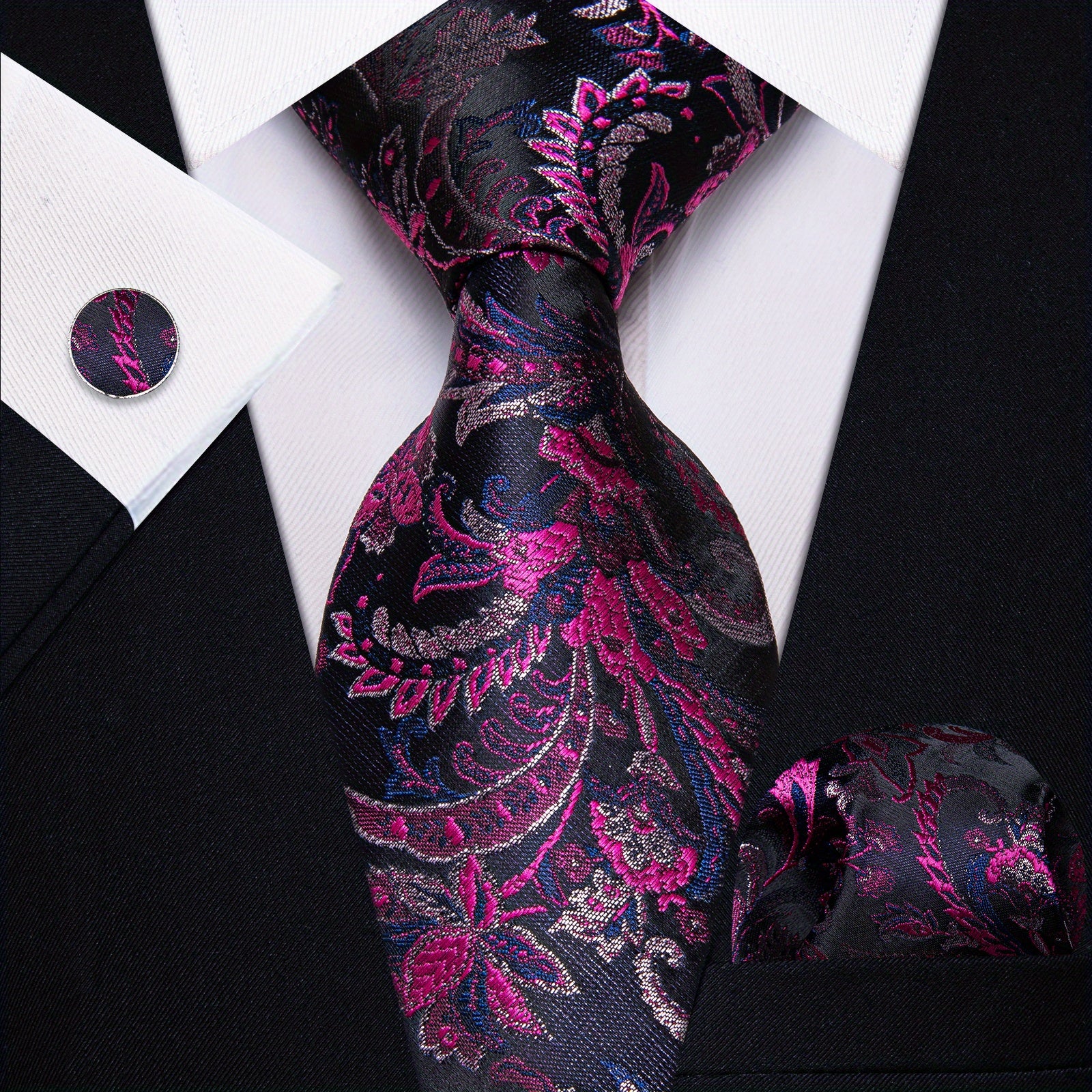 3pcs Men's Jacquard Necktie & Handkerchief & Cufflinks Set