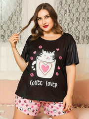  Heart & Cat Print Pajama Set Short Sleeve T shirt & Shorts
