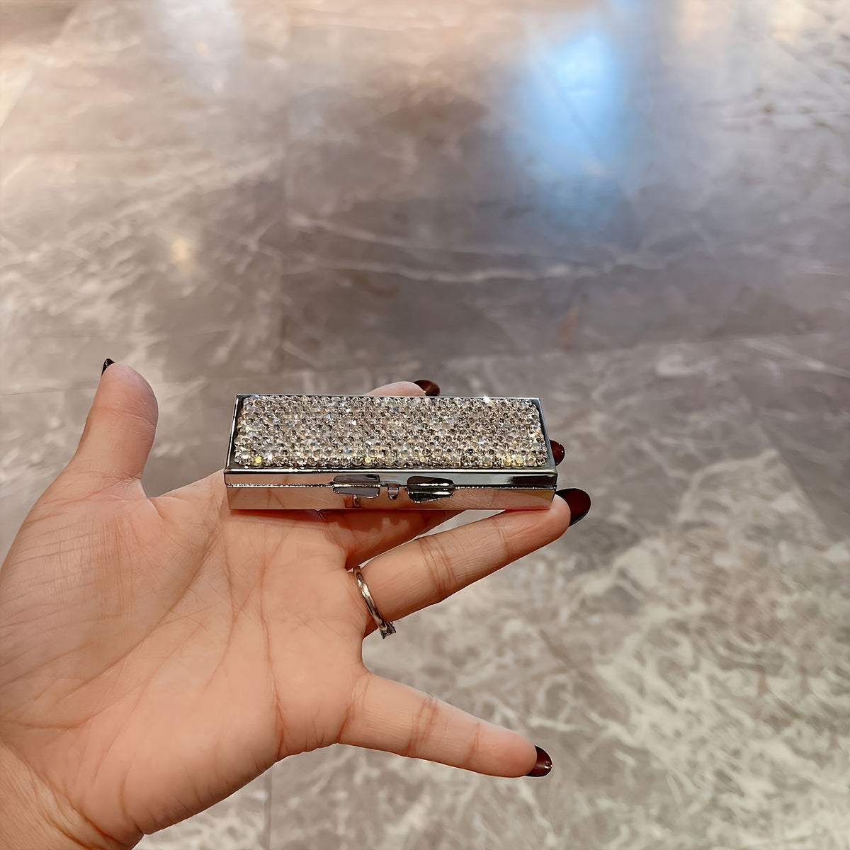 Mini Portable Pill Case with Rhinestone Encrusted Metal Tablet Organizer