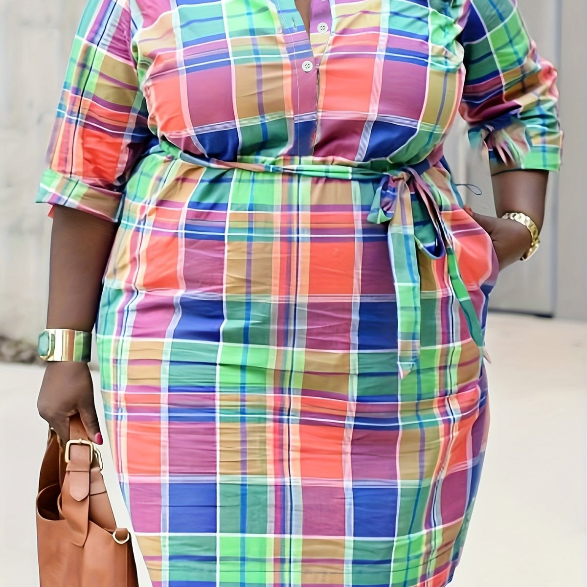  Plaid Print Long Sleeve Shirt Dress With Belt