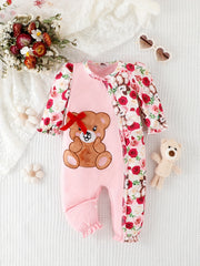 Baby Girl Bear Flower Embroidered Patchwork Button Onesie