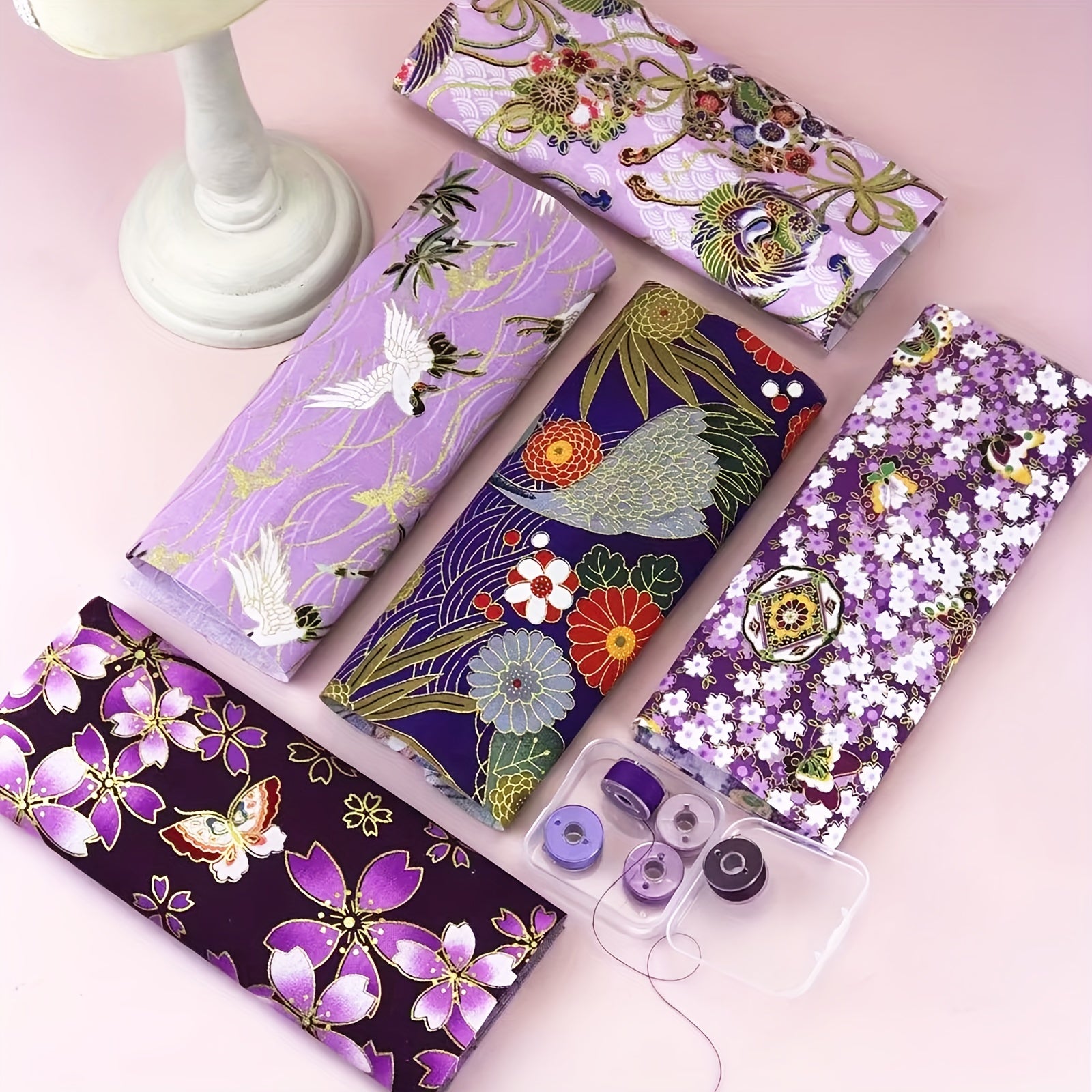 5pc Washi Bronzing Cotton Fabric Bundle, 5 Thread Bobbins, PreCut Fat Squares