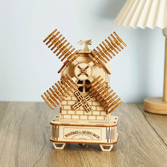 3D Wooden Windmill Puzzle Music Box Golden Mechanical Model Ideal Gift