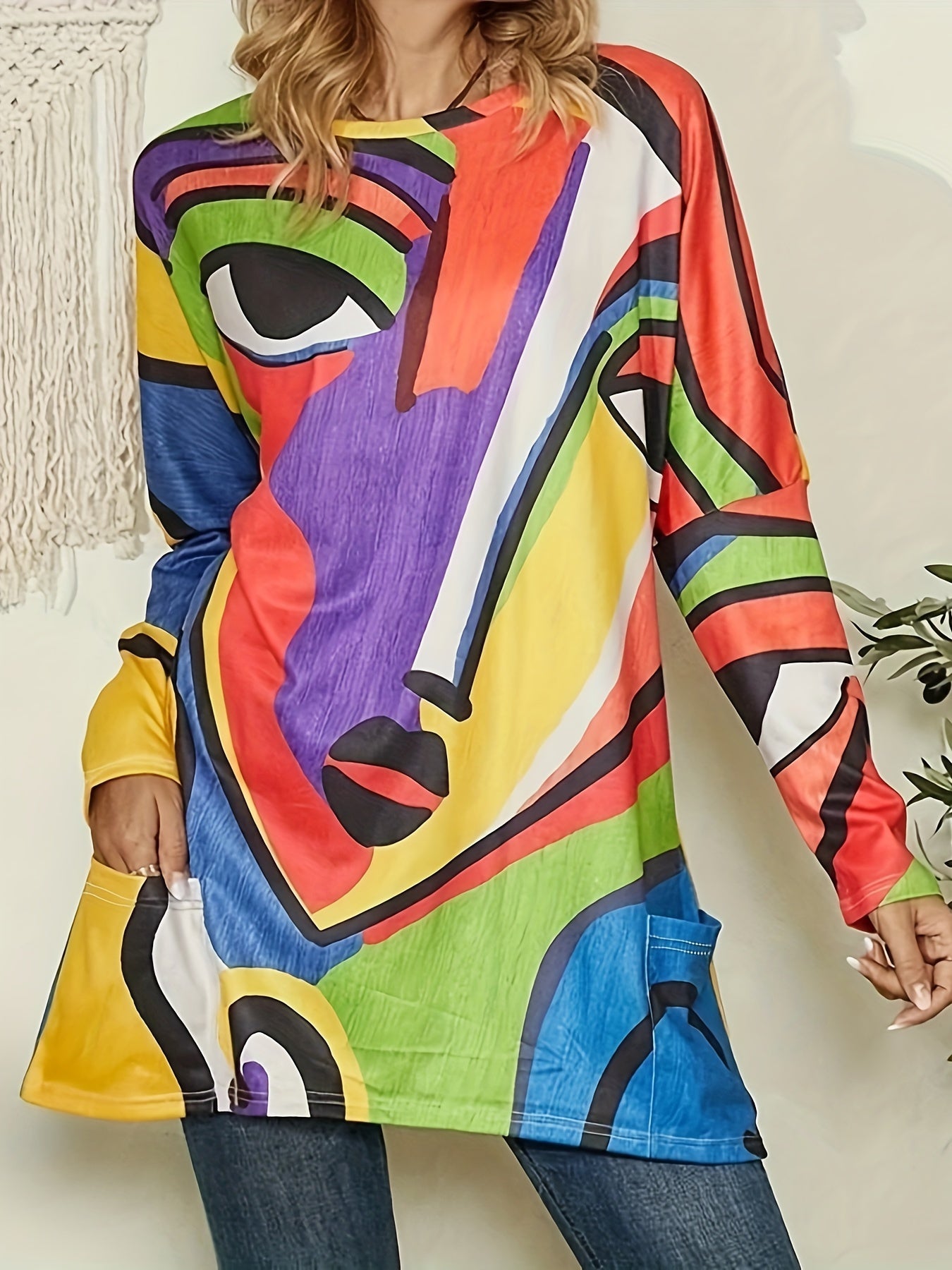  Abstract Print Long Sleeve Tunic Dress with Pockets