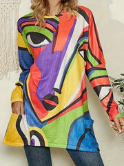  Abstract Print Long Sleeve Tunic Dress with Pockets