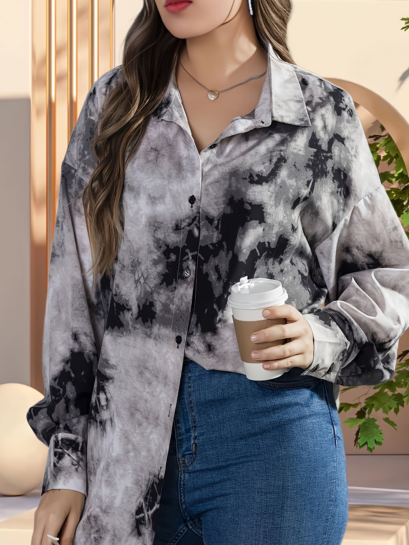  Tie Dye Button Up Lantern Sleeve Blouse