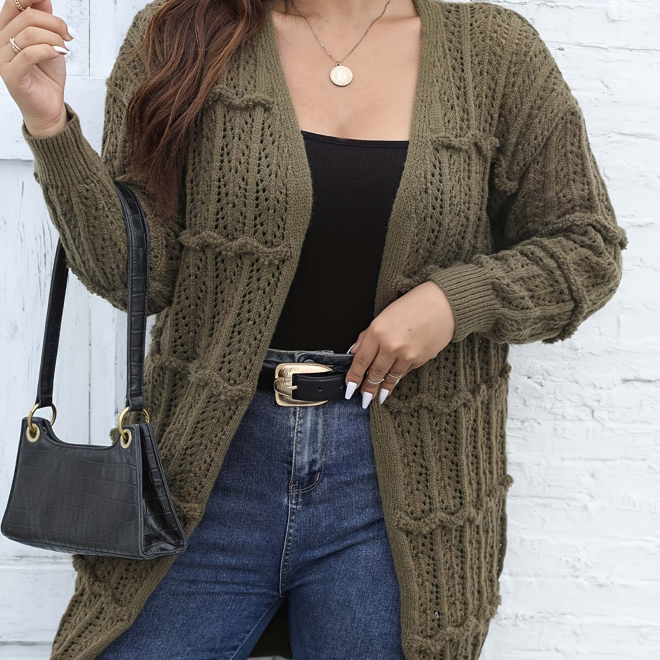  Lantern Sleeve Open Front Knit Duster Cardigan