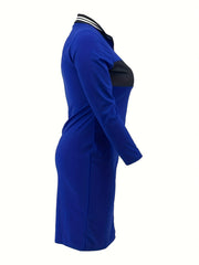  Colorblock Zipper Long Sleeve Bodycon Midi Dress