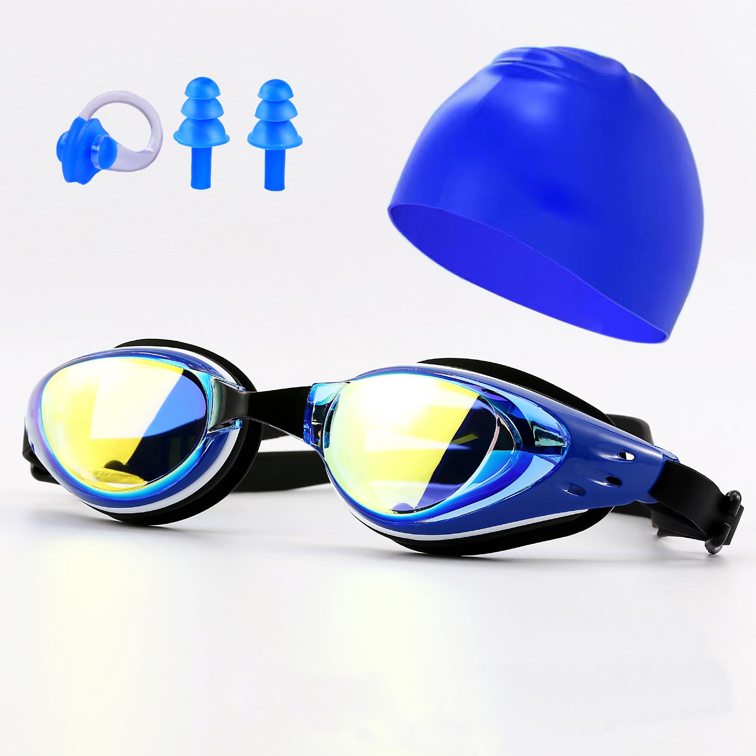 Electroplating Anti-fog HD Swimming Goggles Set with Cap, Nose Clip, Earplugs