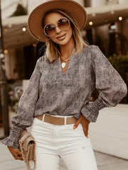  Dalmatian Print Ruffle Trim Lantern Sleeve V Neck Top