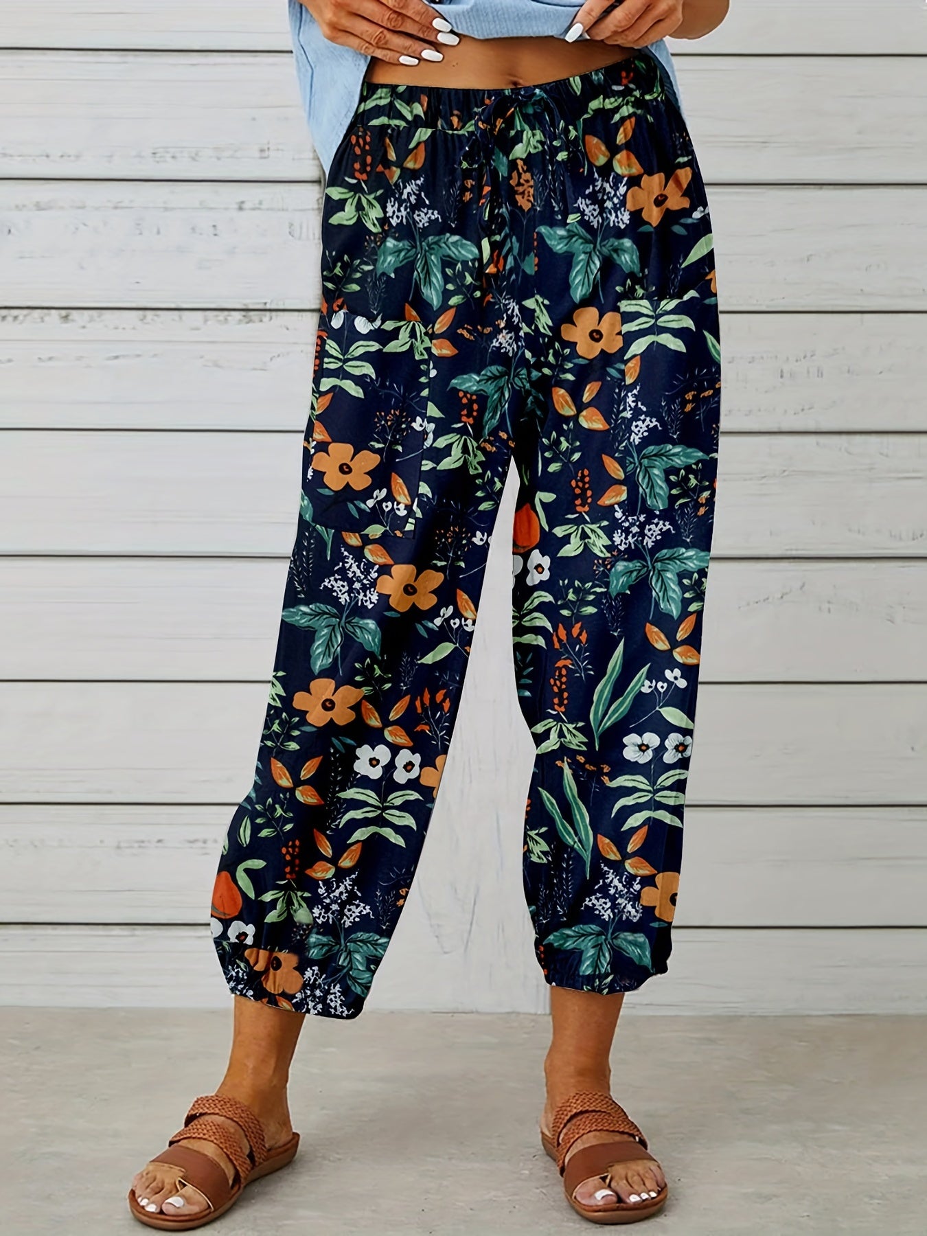 Graphic Print Tie Waist Pants Boho Summer Cropped Pants With Pockets