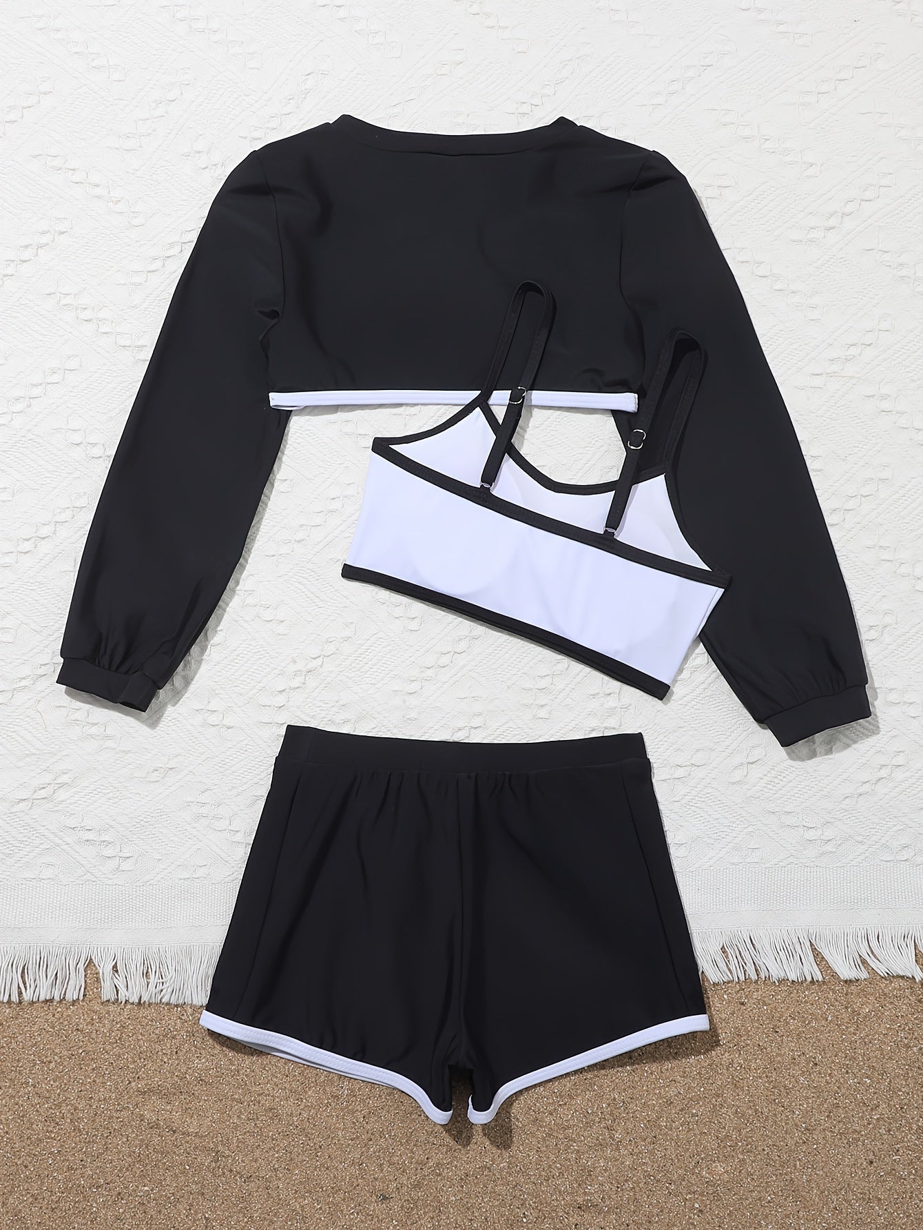 3Pcs Girls Swimsuit Set Cropped Long Sleeve Top Cami Top Shorts Bathing Suit Set