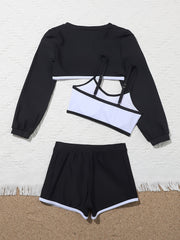 3Pcs Girls Swimsuit Set Cropped Long Sleeve Top Cami Top Shorts Bathing Suit Set