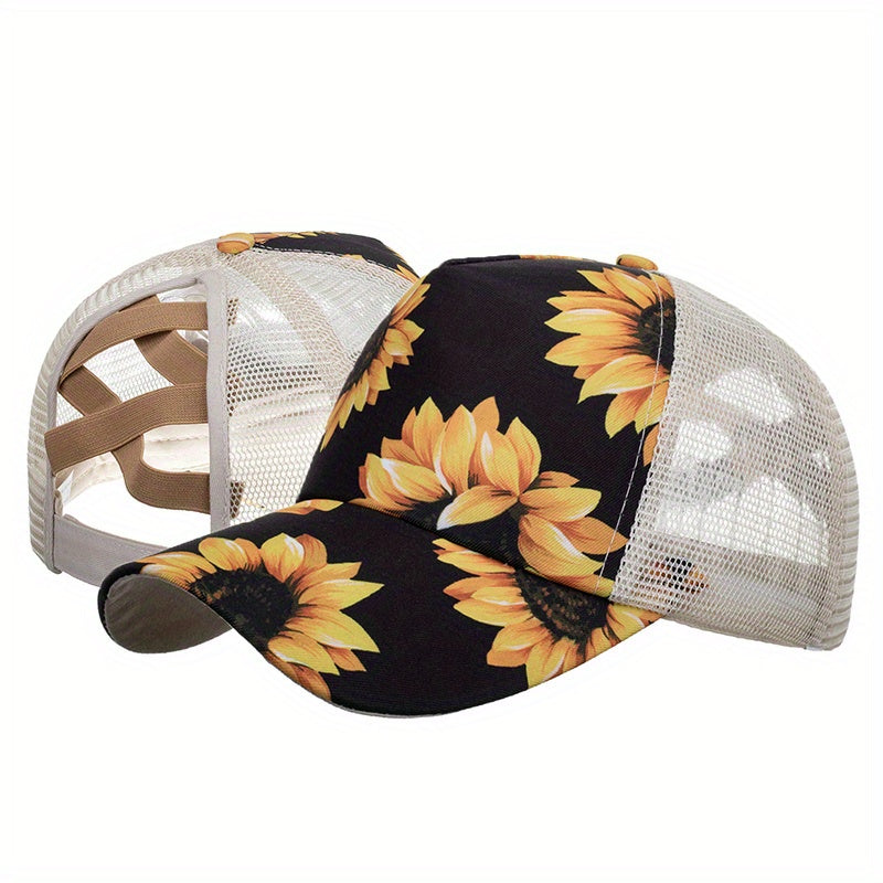 Sunflower Print Ponytail Baseball Cap Mesh Adjustable Trucker Hats