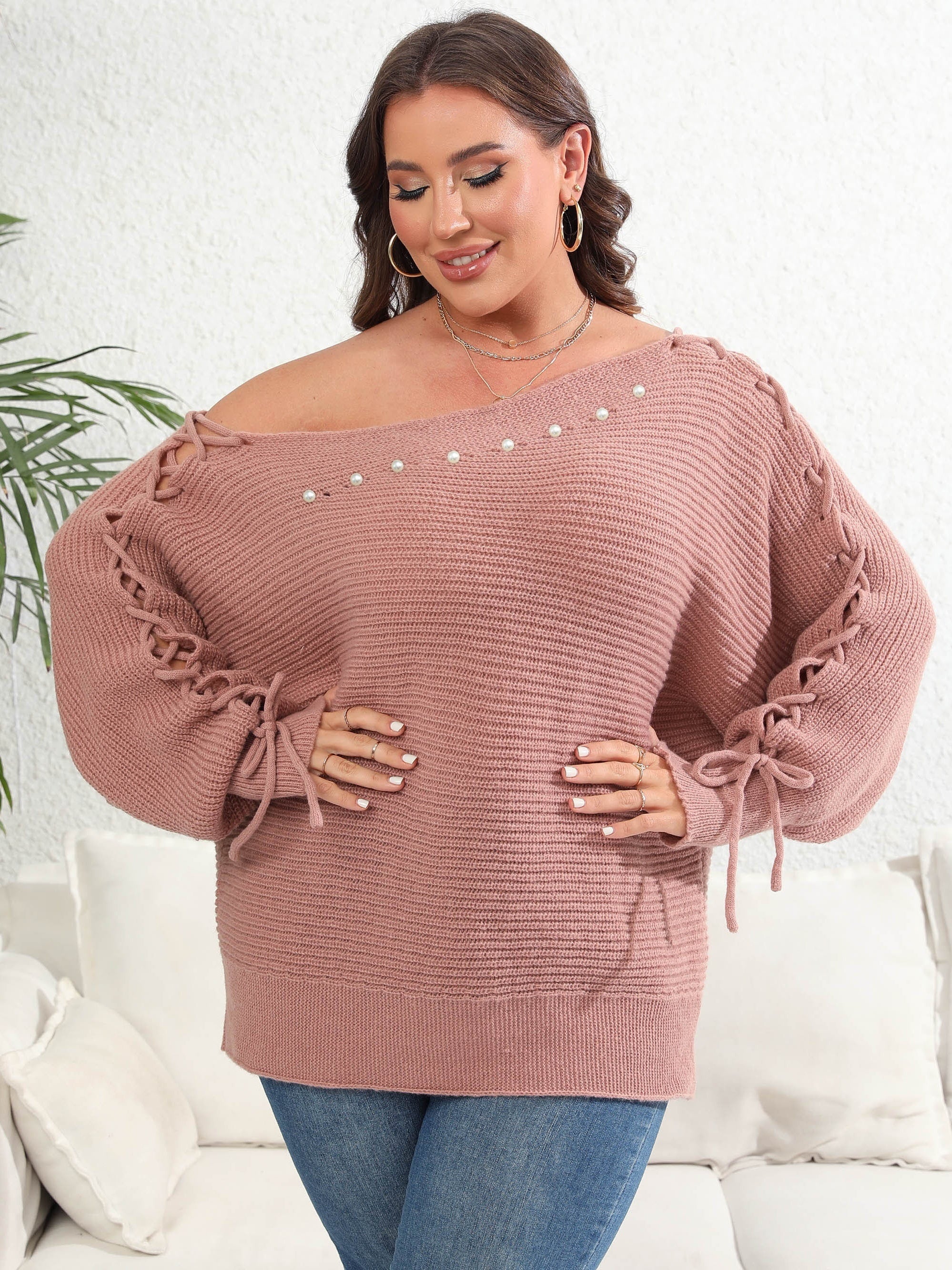  Sexy Sweater Women's Plus Faux Pearl Decor One Shoulder