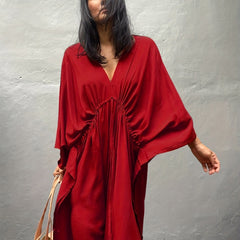 Boho V Neck Cover Up Drawstring Loose Fit Rash Guard Shirt