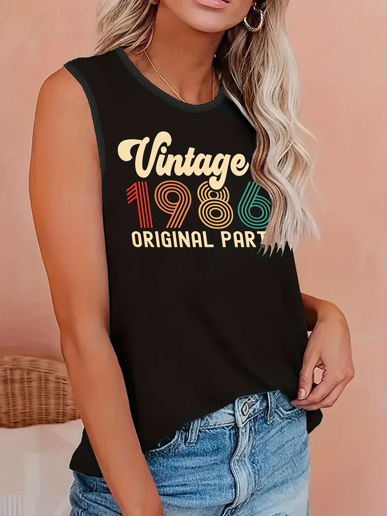  Casual Tank Top Women's Plus Art Letter Print Round Neck