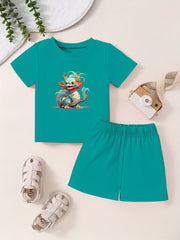 Toddler Cartoon Pattern 2pcs Set Short Sleeve T shirt & Matching Shorts