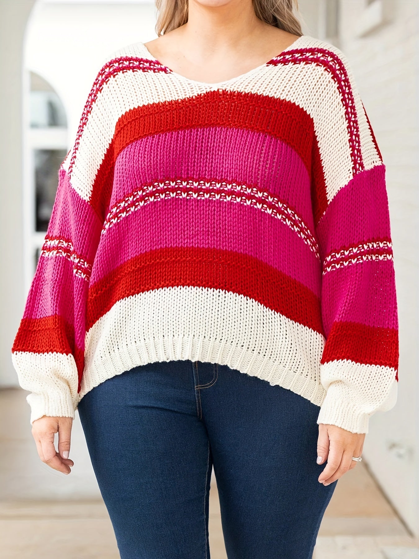  Colorblock V Neck Knit Top
