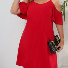  Solid Cold Shoulder Casual Dress Round Neck