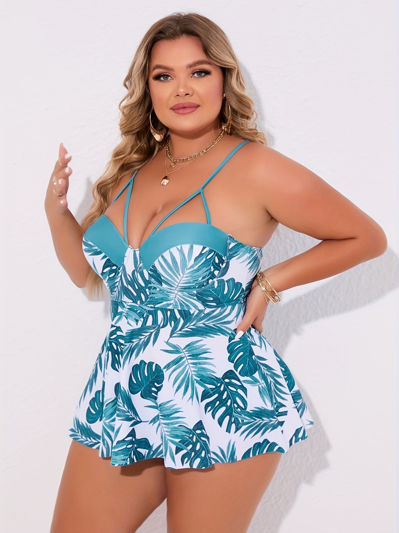  Tropical Print Cut Out Top & Panties Swimsuit Set