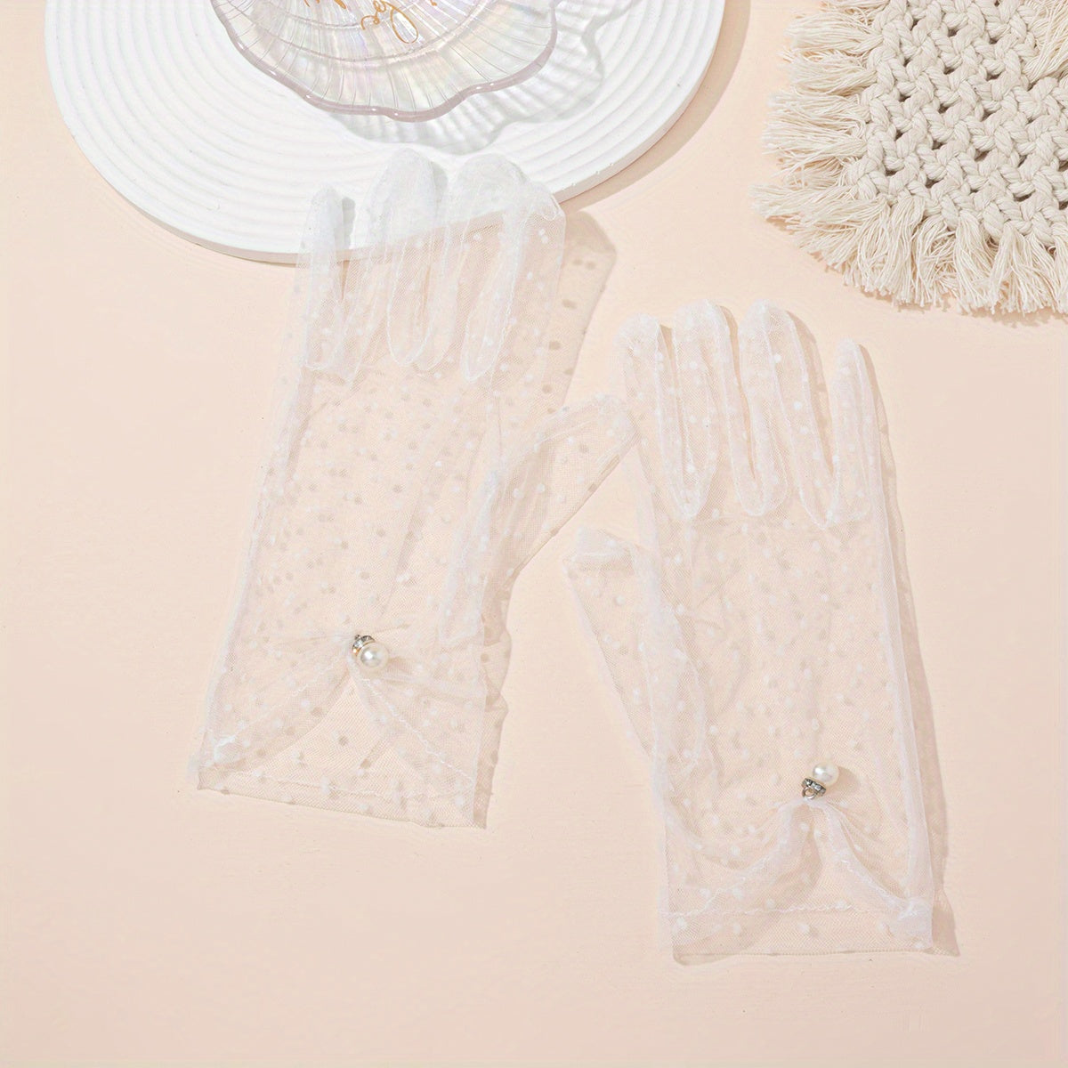 Polka Dot Mesh Gloves Pearl Pendant Decor Wedding Bridal Dress Gloves