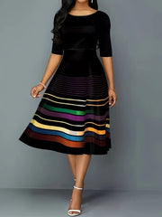  Casual Dress Women's Plus Colorblock Stripe Print Midi Dress