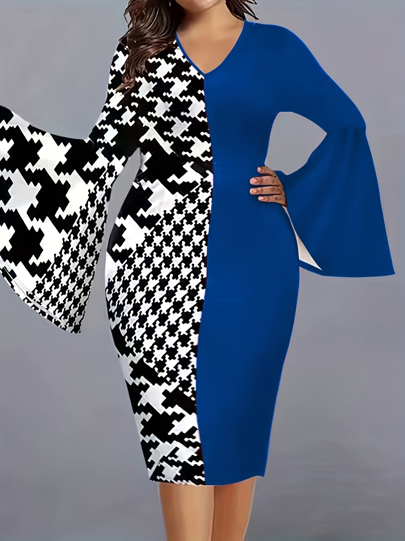  Colorblock Houndstooth Bell Sleeve V Neck Midi Dress